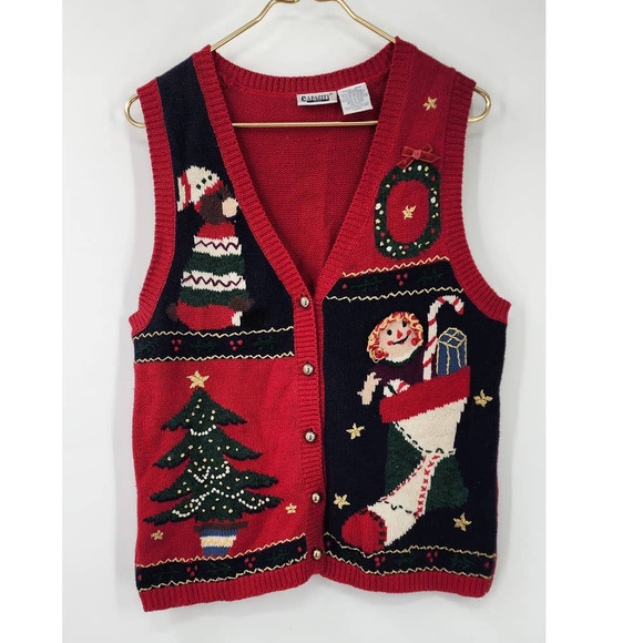 Vintage 90's Y2K Ugly Christmas Sweater Sleeveless Knit Petite Large - Picture 1 of 6